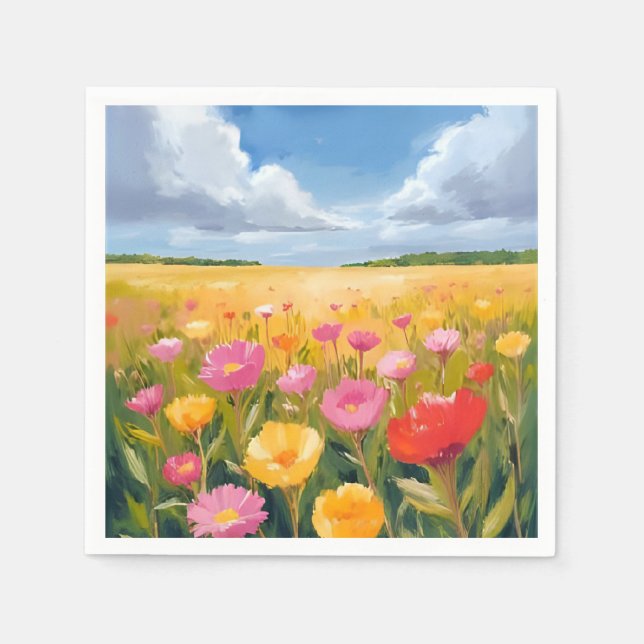 Flower Field Landscape Painting Watercolor Napkin (Front)
