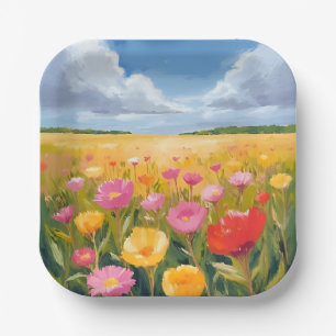 Flower Field Landscape Painting Watercolor Paper Plate