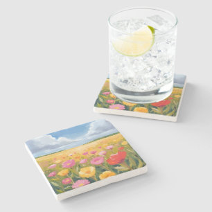 Flower Field Landscape Painting Watercolor Stone Coaster