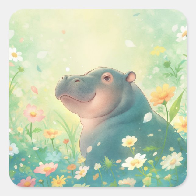 Flower Fields and Happy Hippo Square Sticker (Front)