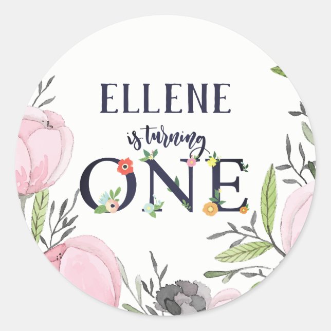 Flower First Birthday Party Classic Round Sticker (Front)