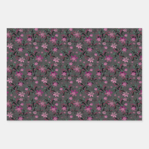 Flower floral grey pink purple flowers floral leav wrapping paper sheet