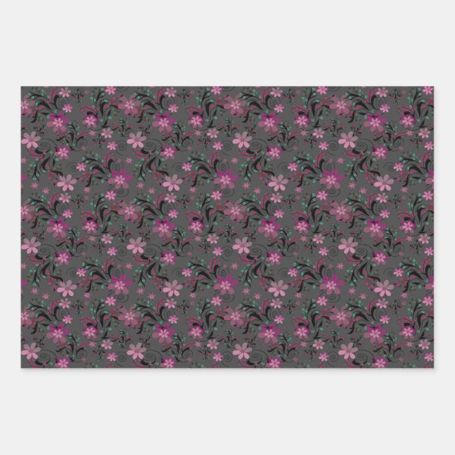 Flower floral grey pink purple flowers floral leav wrapping paper sheet (Front)