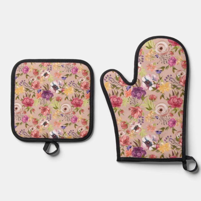 Flower Floral Pink Pattern Oven Mitt & Pot Holder Set (Front)