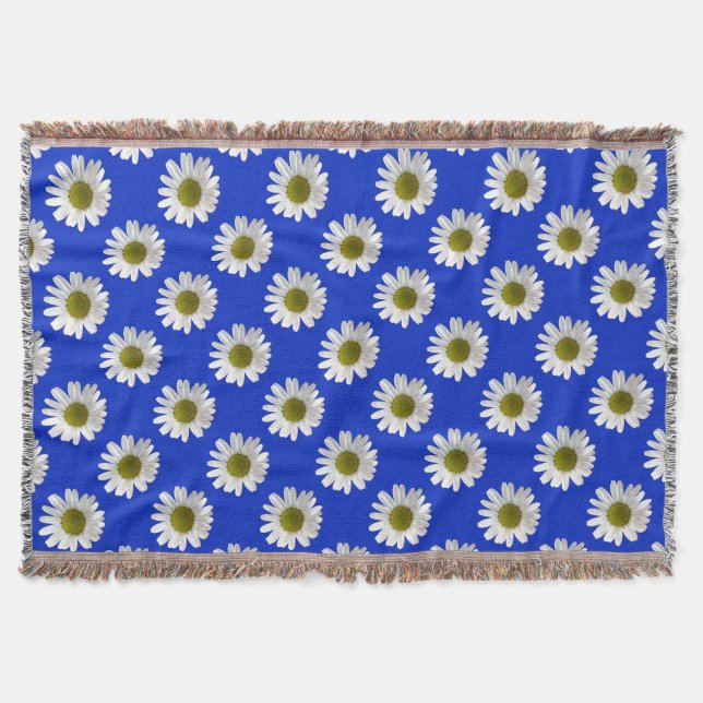 Flower floral print daisies on cobalt blue throw blanket (Front)