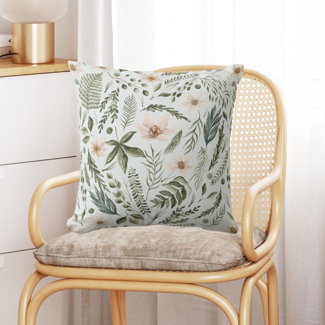 Flower Foliage Watercolor Seamless Floral Pattern Cushion (In situ)