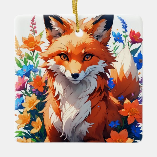 Flower Fox Ceramic Ornament (Front)