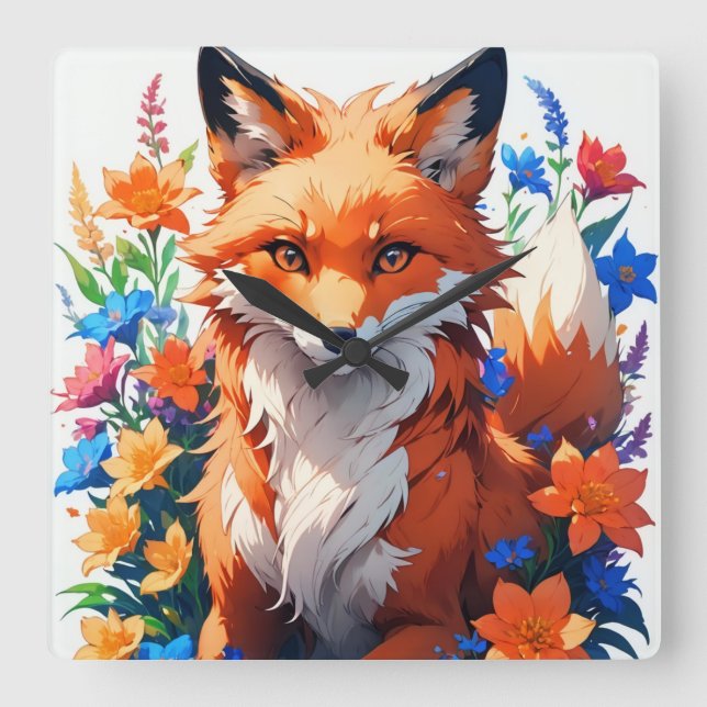 Flower Fox Square Wall Clock (Front)