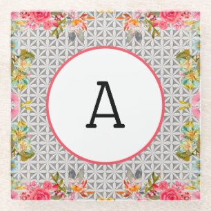 Flower Frame On Grey Your Initial Vintage Glass Coaster