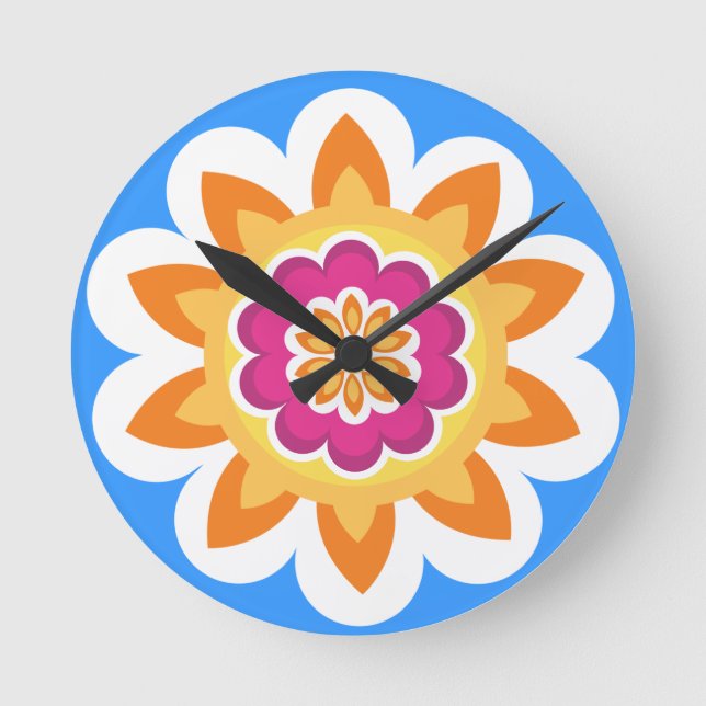 Flower Fusion_Geometric Sunburst_Poppy Fuchsia_bl Round Clock (Front)