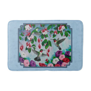 Flower Garden and Hummingbirds Blue Bath Mat