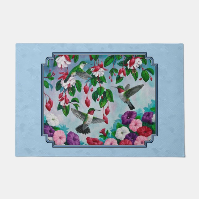 Flower Garden and Hummingbirds Blue Doormat (Front)