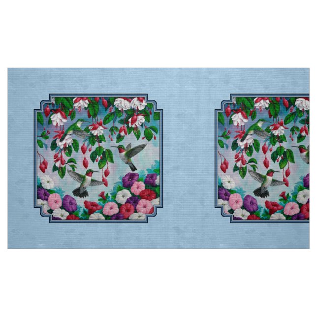 Flower Garden and Hummingbirds Blue Fabric (Fat Quarter)