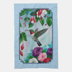 Flower Garden and Hummingbirds Blue Tea Towel