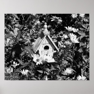 Flower Garden Bird House Black And White  Poster