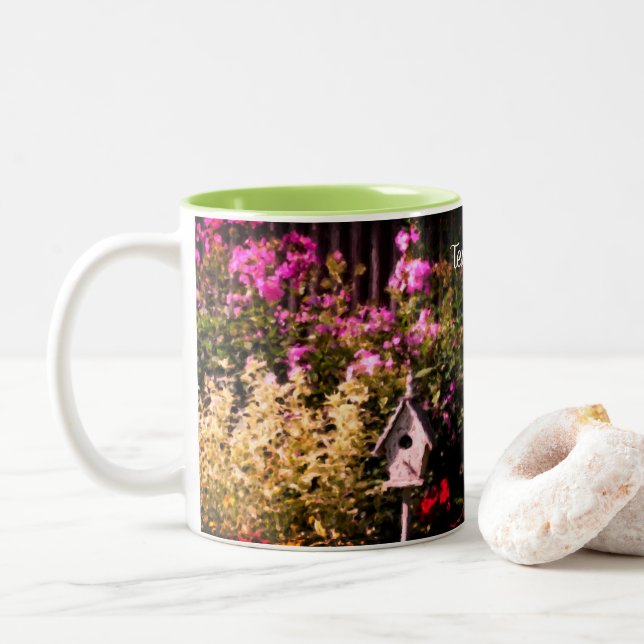 Flower Garden Bird House Painting Personalised Two-Tone Coffee Mug (With Donut)