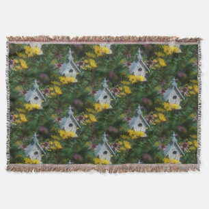 Flower Garden Birdhouse Nature Art Pattern Throw Blanket