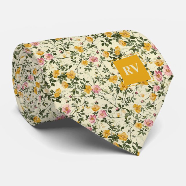 Flower Garden Floral Monogrammed Necktie (Rolled)