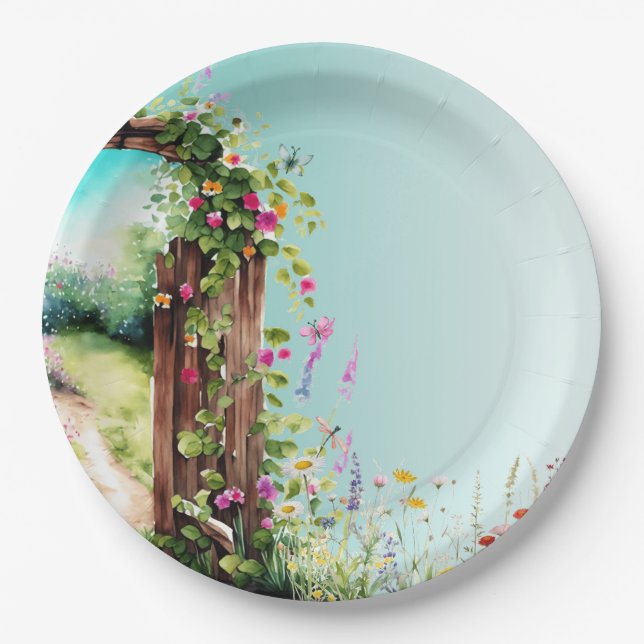 Flower garden gate light teal wildflowers paper plate (Front)