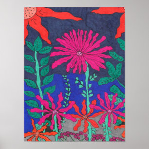 Flower Garden Night Scene Poster