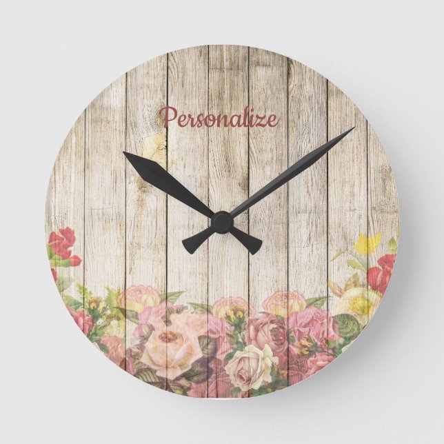 Flower Garden Outdoor Patio Wood Fence Personalise Round Clock (Front)