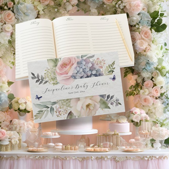 Flower Garden Pink Rose Blue Hydrangea Baby Shower Guest Book (Creator Uploaded)