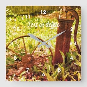 Flower Garden Rusty Wheel And Pump Abstract Square Wall Clock