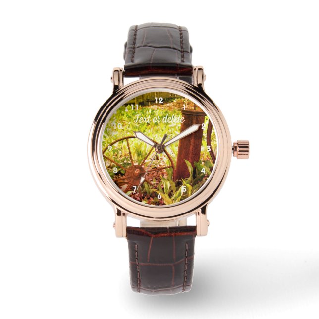 Flower Garden Rusty Wheel And Pump Abstract  Watch (Front)