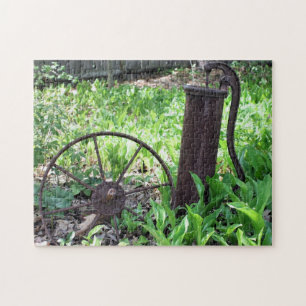 Flower Garden Rusty Wheel And Pump  Jigsaw Puzzle