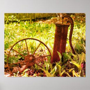 Flower Garden Rusty Wheel And Pump Tinted Poster