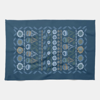 Flower garden Tea Towel, dark & light blues, brown Tea Towel