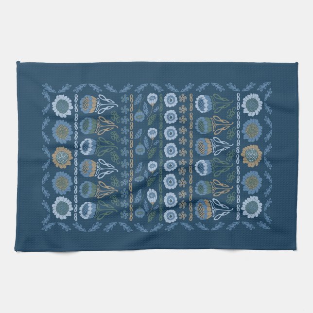 Flower garden Tea Towel, dark & light blues, brown Towel (Horizontal)