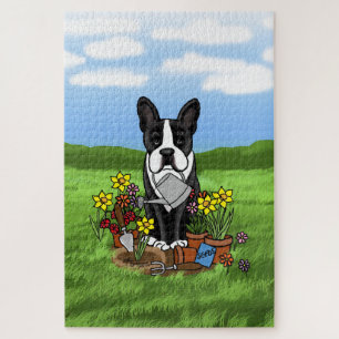 Flower Gardener Boston Terrier (black) Cute Dog Jigsaw Puzzle