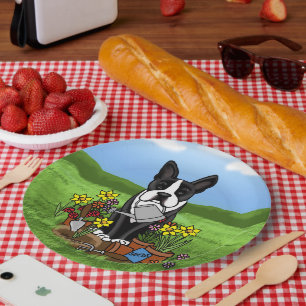 Flower Gardener Boston Terrier (black) Cute Dog Paper Plate
