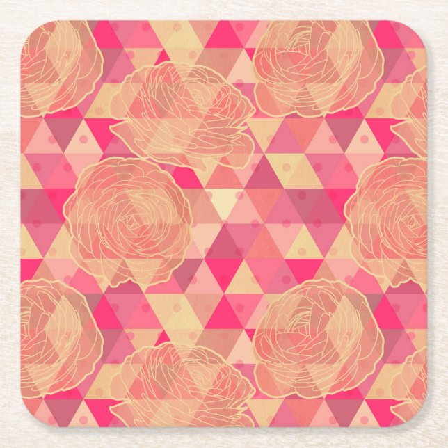 Flower geometrical pattern square paper coaster (Front)