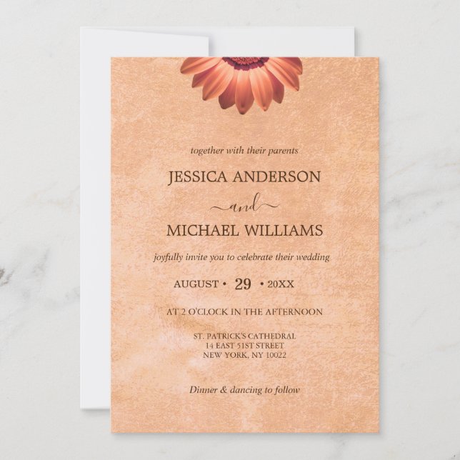 Flower Gerbera on Abstract peach Wedding Invitation (Front)
