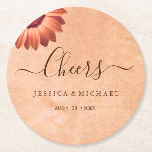 Flower Gerbera on Abstract peach Wedding Round Paper Coaster