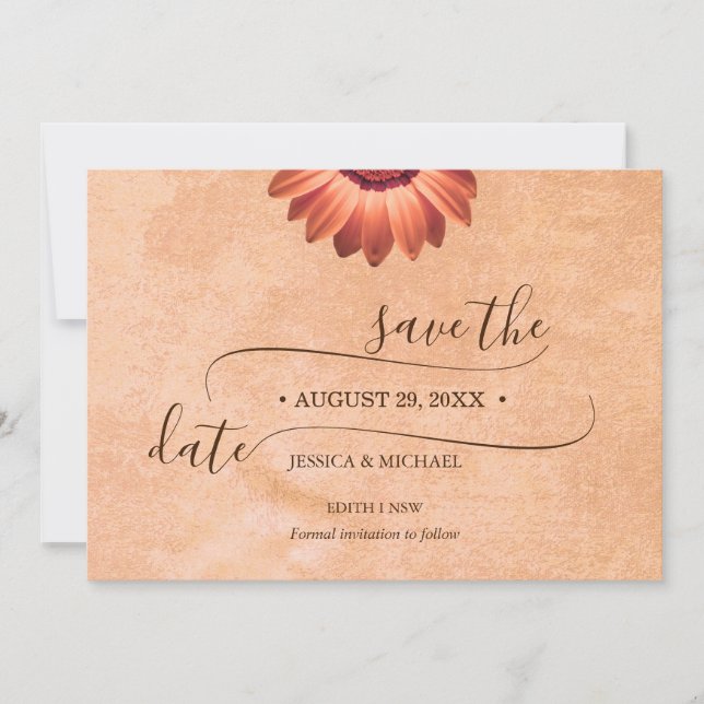 Flower Gerbera on Abstract peach Wedding Save The Date (Front)