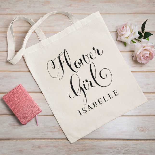 Flower Girl Black Script Personalised Wedding Tote Bag (Creator Uploaded)