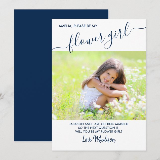 Flower Girl Blue and White Photo Proposal Card (Front/Back)