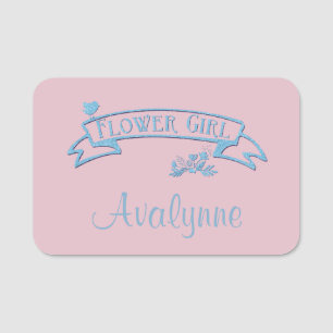 Flower Girl Blue Glitter Text with Custom Name Tag