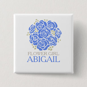 Flower girl blue posy named wedding pin button