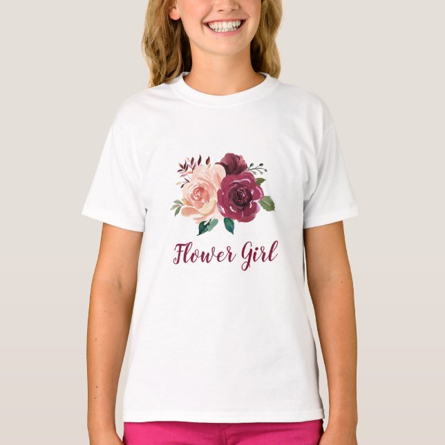 Flower Girl Blush Pink Burgundy Rose Floral T-Shirt (Front)