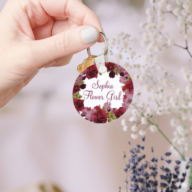 Flower Girl Burgundy Floral Wedding Favour Keychai Key Ring (A burgundy floral keychain that can be used for your Flower Girl or any member of your bridal party)