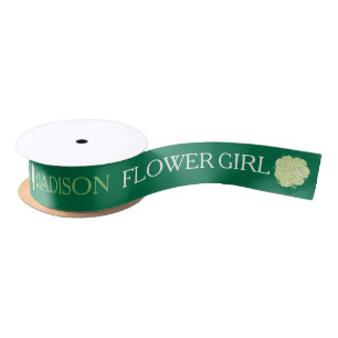 Flower girl custom text green white roses satin ribbon