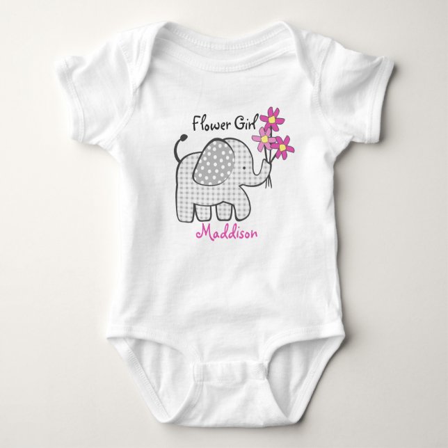 Flower Girl Elephant with Pink Flowers Baby Bodysuit (Front)