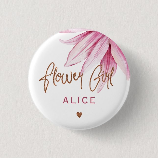 Flower girl floral pink copper bridal shower 3 cm round badge (Front)