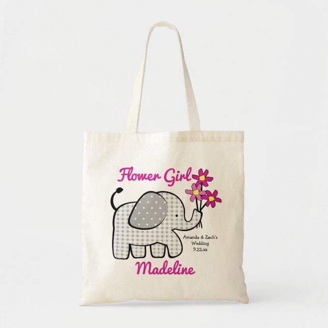 Flower Girl Gingham Elephant with Bouquet Pink Tote Bag (Front)