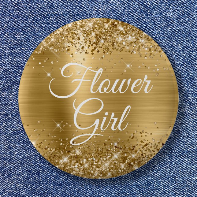 Flower Girl Glittery Gold Foil 6 Cm Round Badge (Flower Girl Glittery Gold Foil Button)