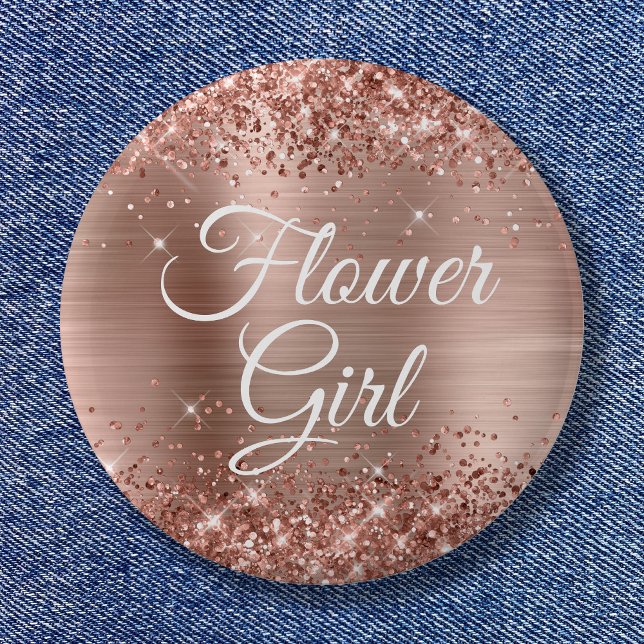 Flower Girl Glittery Rose Gold Foil 6 Cm Round Badge (Flower Girl Glittery Rose Gold Foil Button)